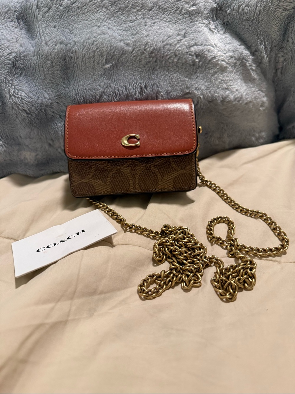 COACH Essential Half Flap Card Case on Chain - Signature Canvas Tan Caramel